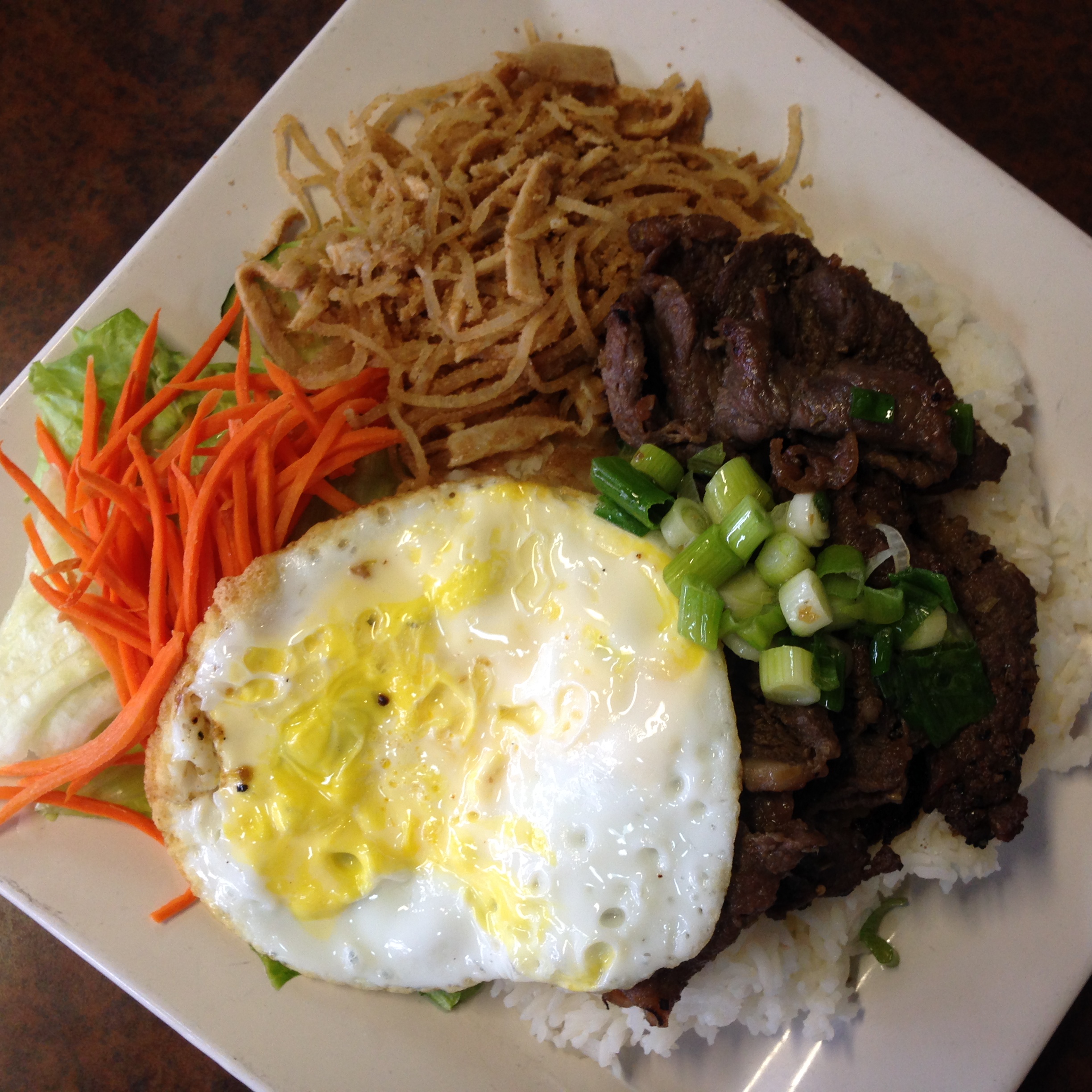 #36 combo, style D:  Beef rice plate with shredded pork and a fried egg.  $8.95!